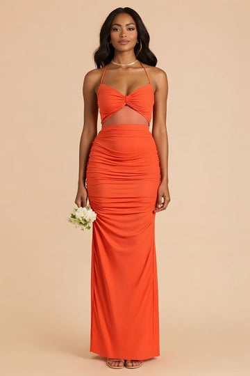 Orange Sheath Ruched Spaghetti Straps Cut Out Maxi Bridesmaid Dress